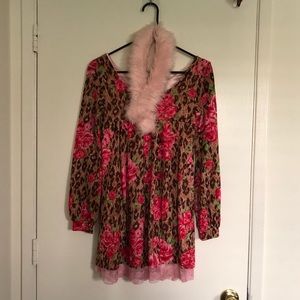 Floral/leopard mini dress with pink lace